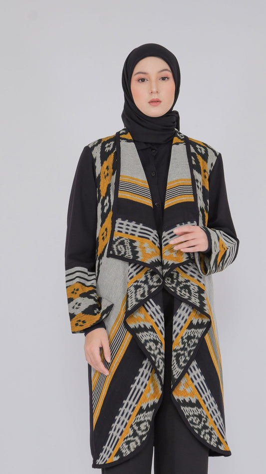 Sevinc Grey Mustard Tenun Long Cardigan