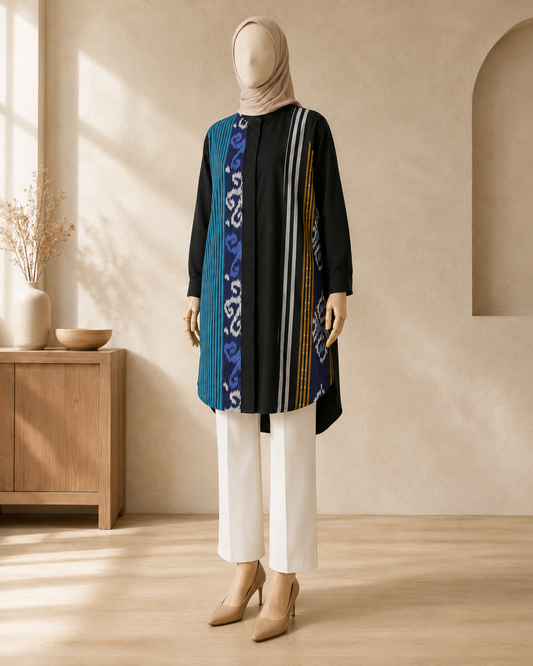 Viera Black Teal Oversize Tenun Tunic