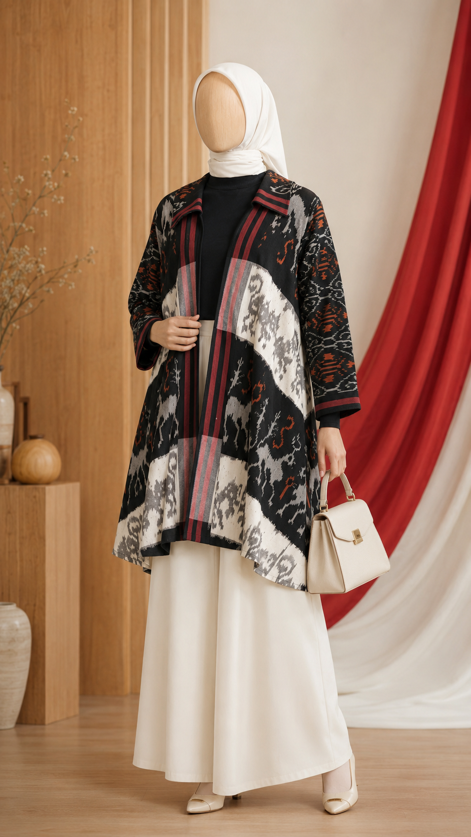 Emelin Brown White Tenun Long Cardigan