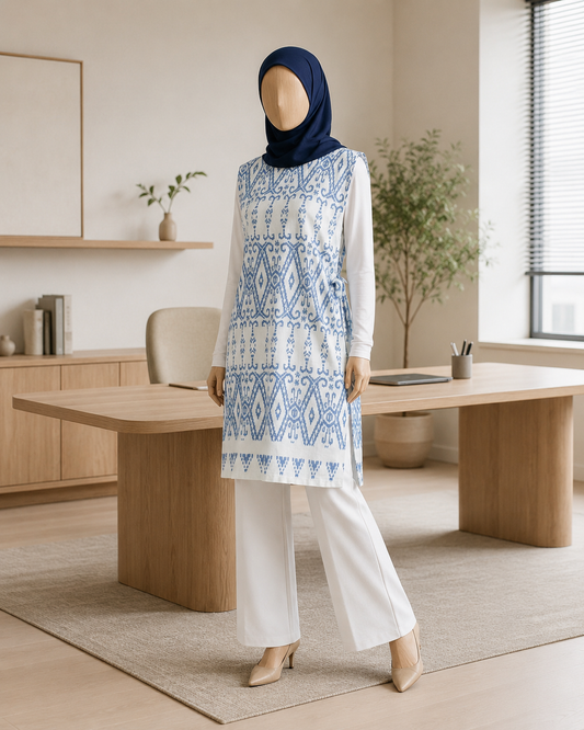 Hafiy Side Tie Blue Tenun Long Vest