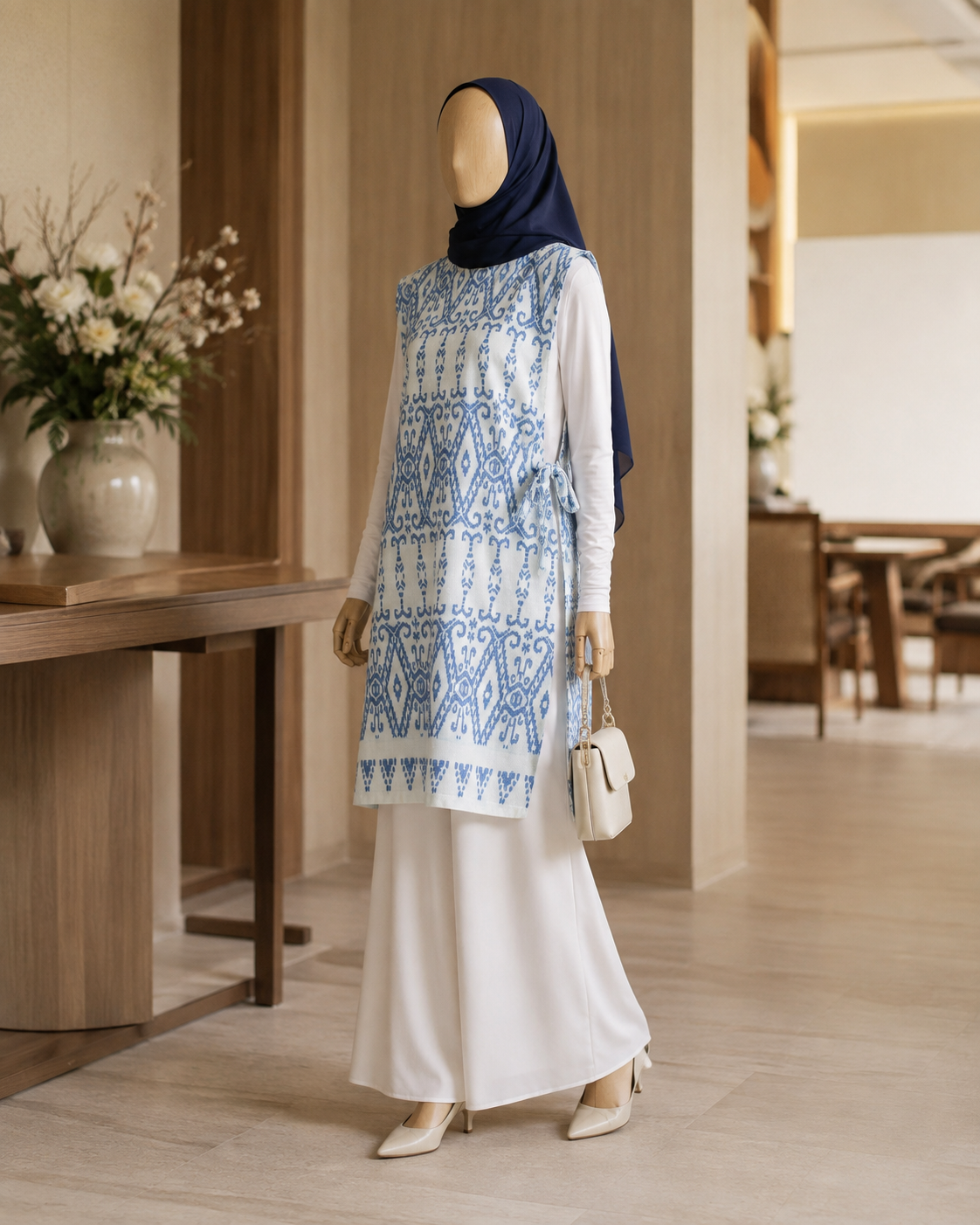 Hafiy Side Tie Blue Tenun Long Vest