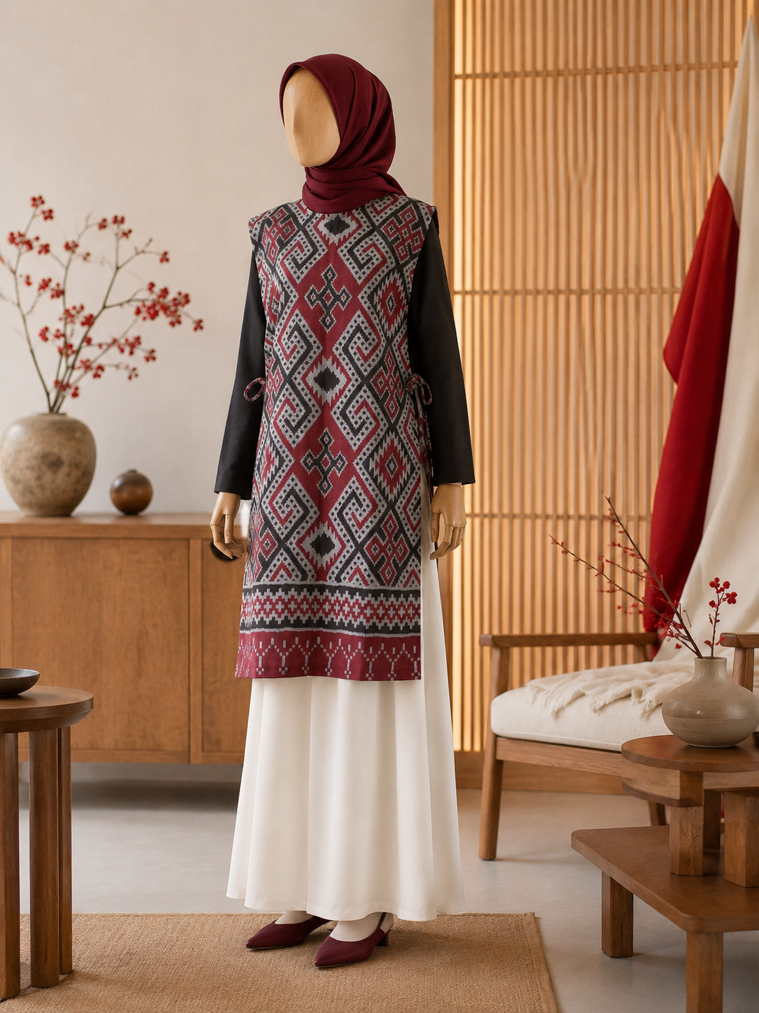 Hafiy Side Tie Red Tenun Long Vest