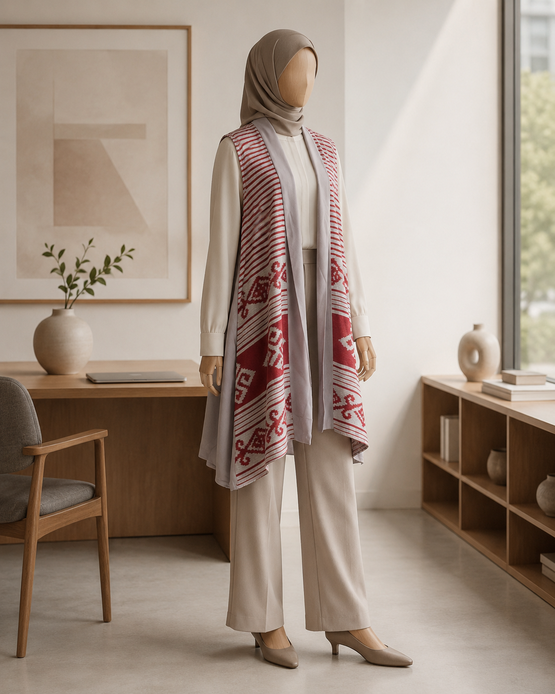 Kila Grey Red Tenun Long Vest