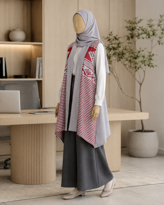 Kila Grey Red Tenun Long Vest
