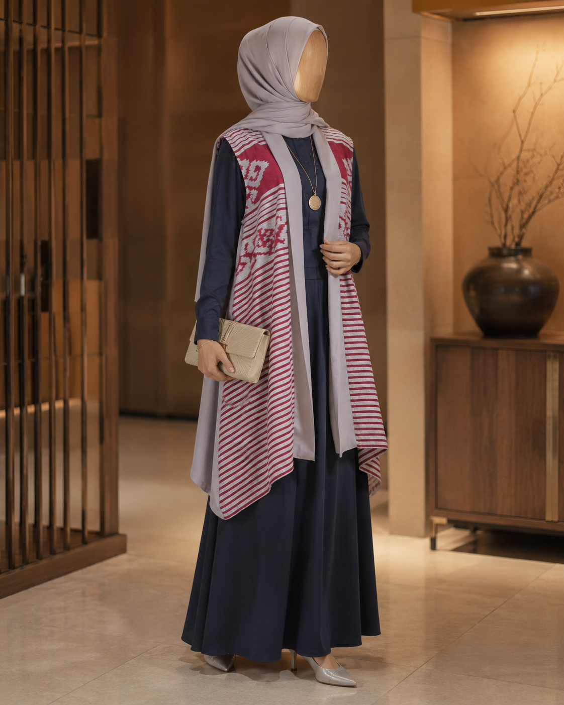 Kila Grey Red Tenun Long Vest