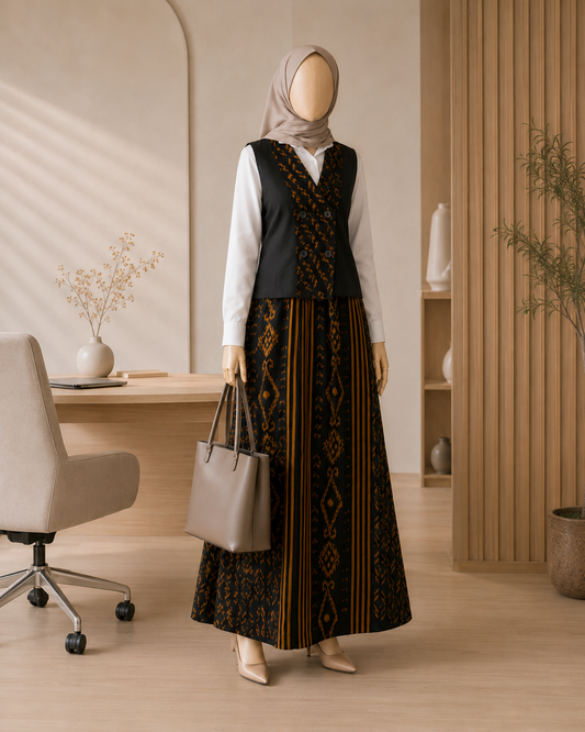 Lale Vest x Zulfa Skirt Black Gold Tenun Set (One Size)