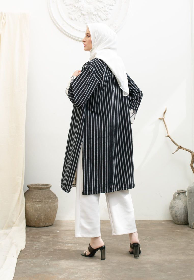 Beyza Black White Tenun Long Cardigan