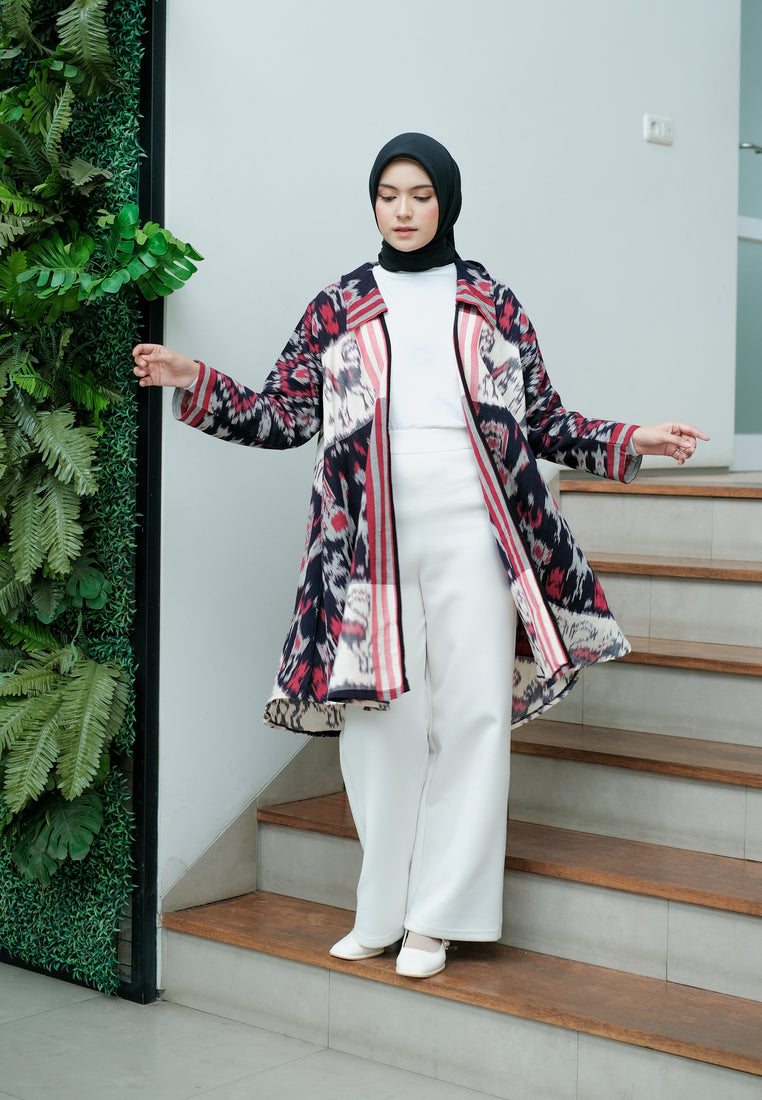 Emelin Red White Tenun Long Cardigan