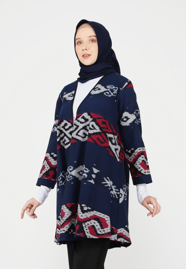 Evlin Navy Red Tenun Long Cardigan