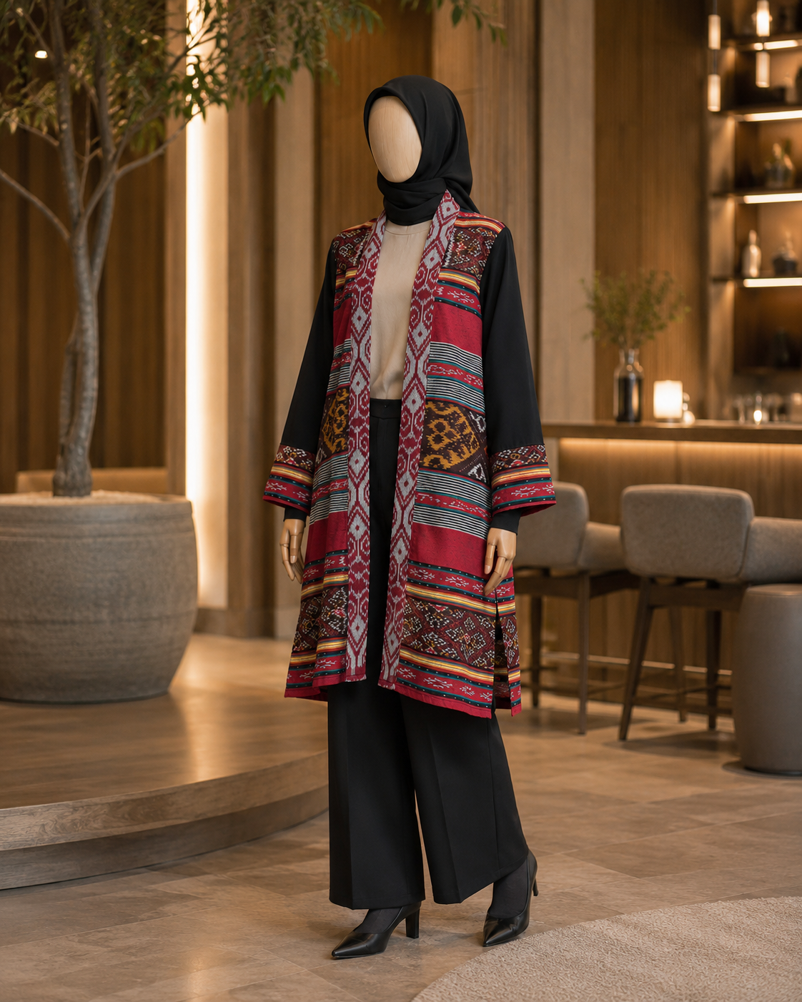 Mujde Rose Black Tenun Long Cardigan