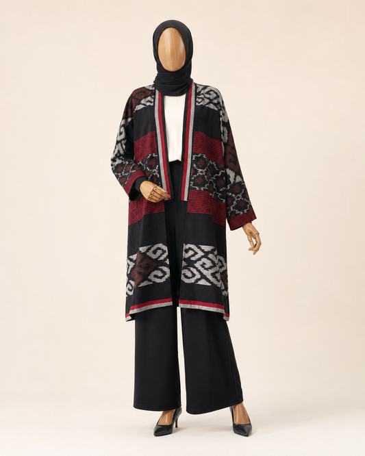 Muna Black Red Tenun Long Cardigan