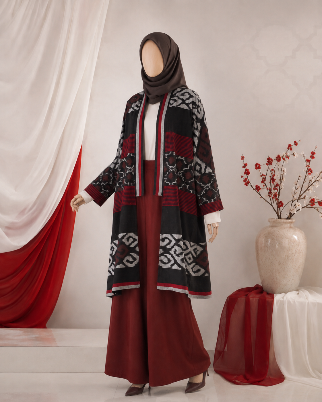 Muna Black Red Tenun Long Cardigan
