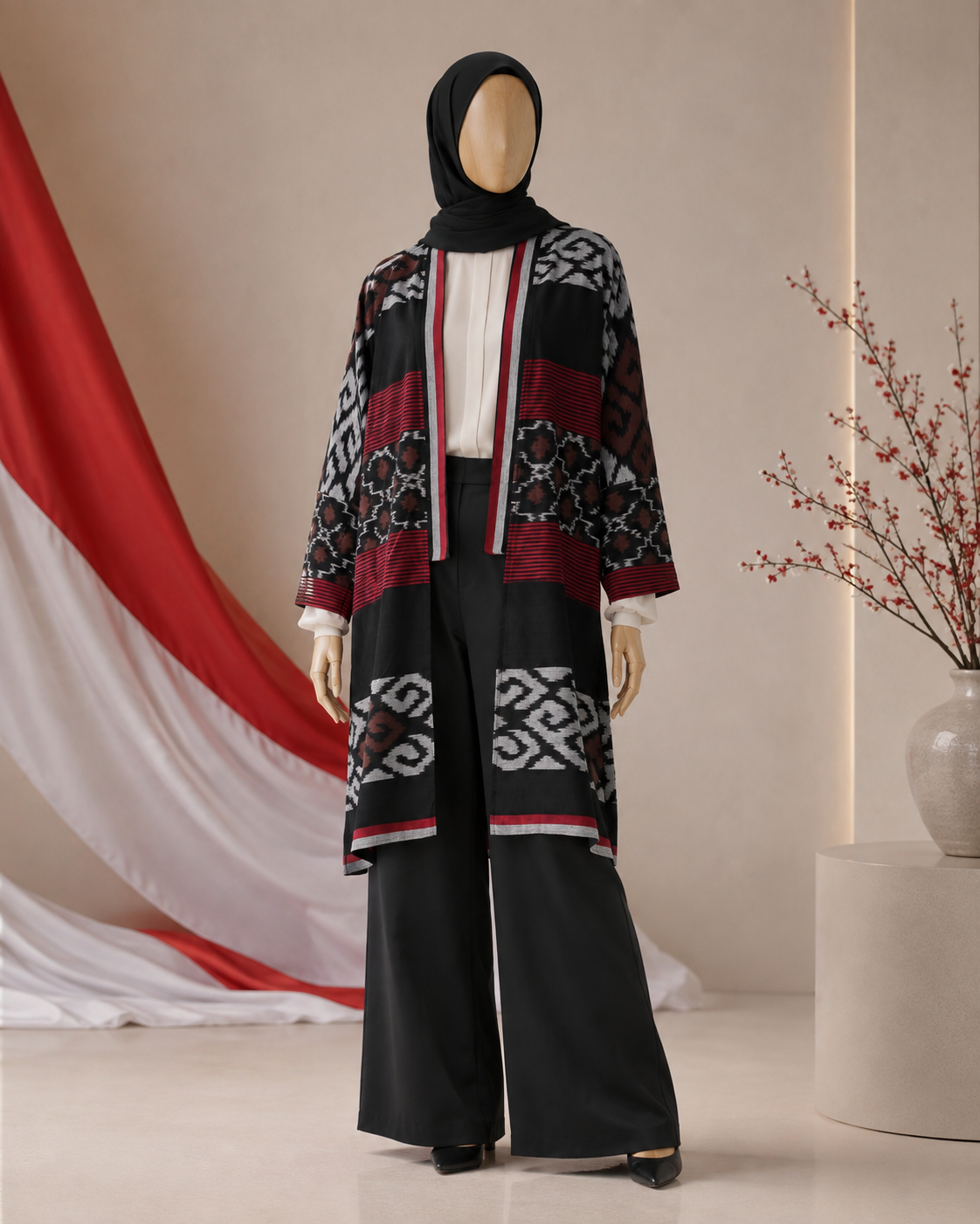 Muna Black Red Tenun Long Cardigan