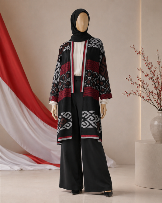 Muna Black Red Tenun Long Cardigan