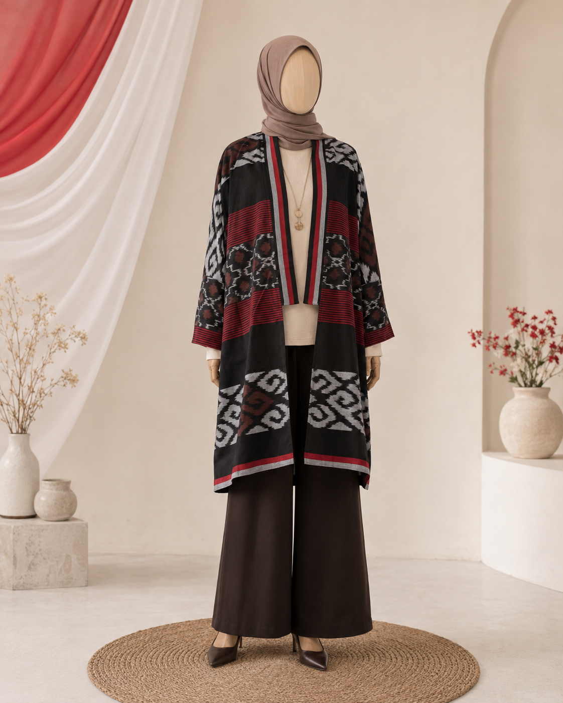 Muna Black Red Tenun Long Cardigan