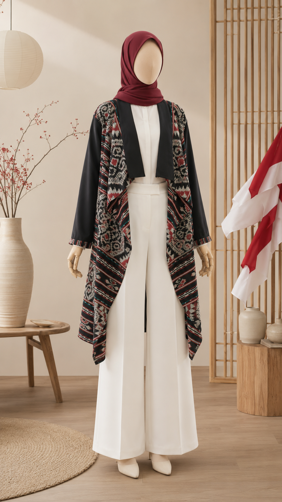 Sevda Black Red Tenun Long Cardigan