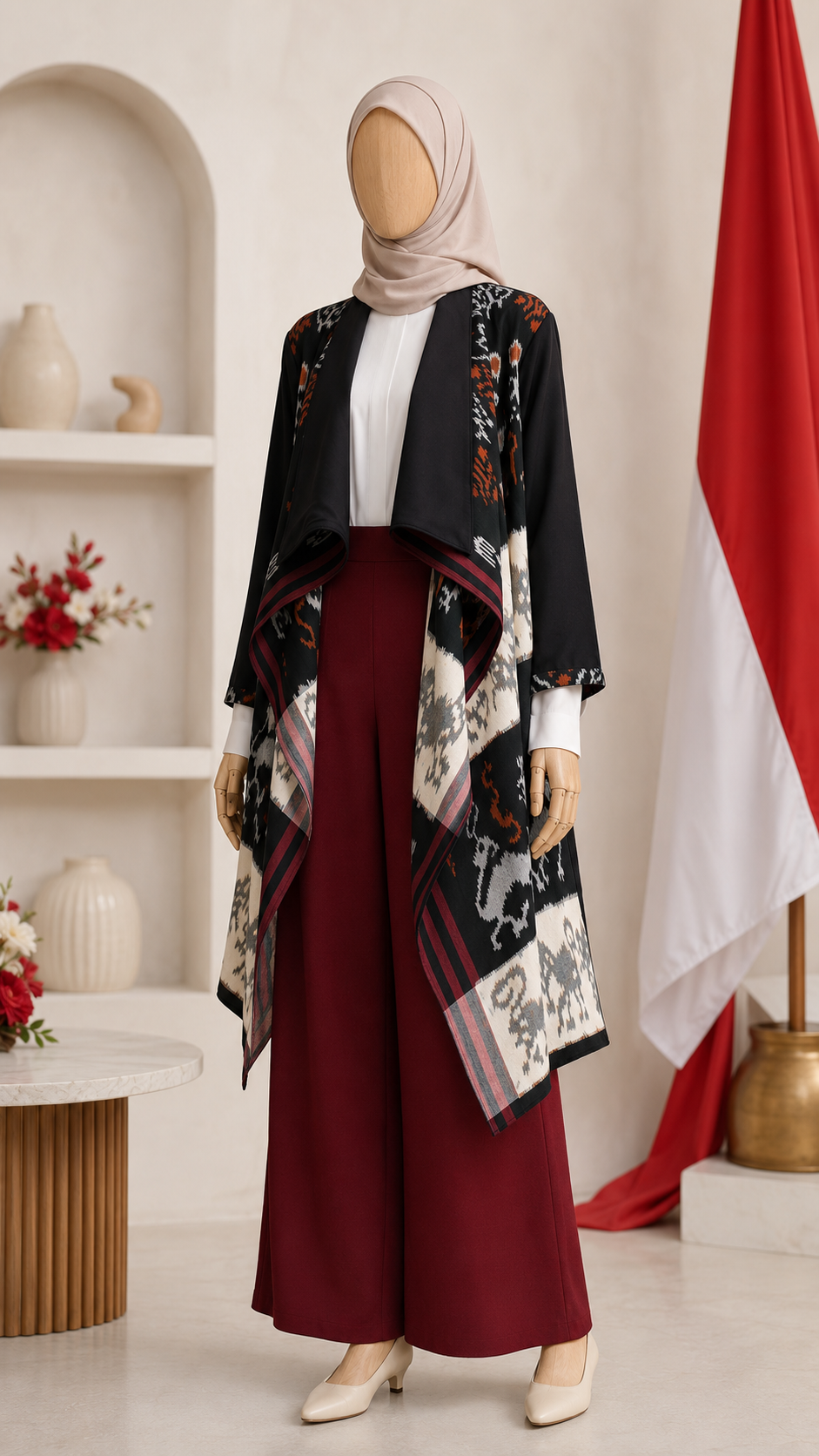 Sevda White Red II Tenun Long Cardigan