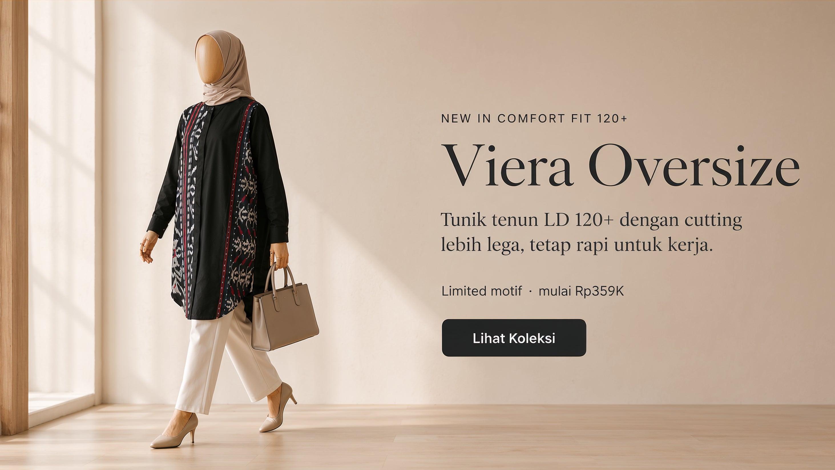 Woman walking with a handbag in a minimalistic room, promotional text for Viera Oversize clothing.